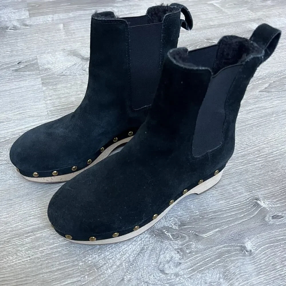 J. CREW Faux Fur Lined Chelsea Clog Boots Black Suede Leather Sz 6 Gold Studded